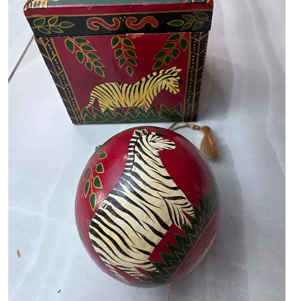 Hand Painted Zebra Wooden Trinket Box and Matching Egg‎ Ornament Set Folk Art S3